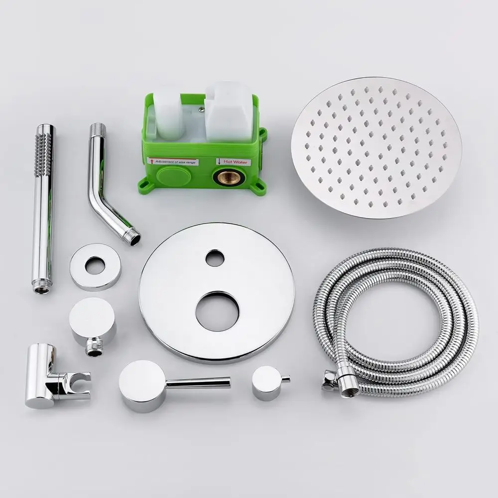 8 نظام دش مثبت على الحائط مع دش يدوي نحاسي ورأس مطر، يتضمن صمامًا خشنًا #6