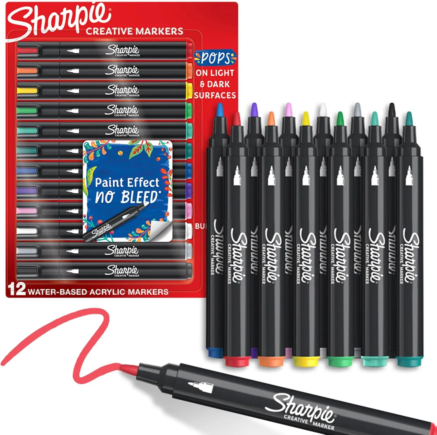 

Water-Based Acrylic Markers, Bullet Tip, Assorted Colors 12 Count for Arts, Crafts, Kids, School Classroom, Works on Paper