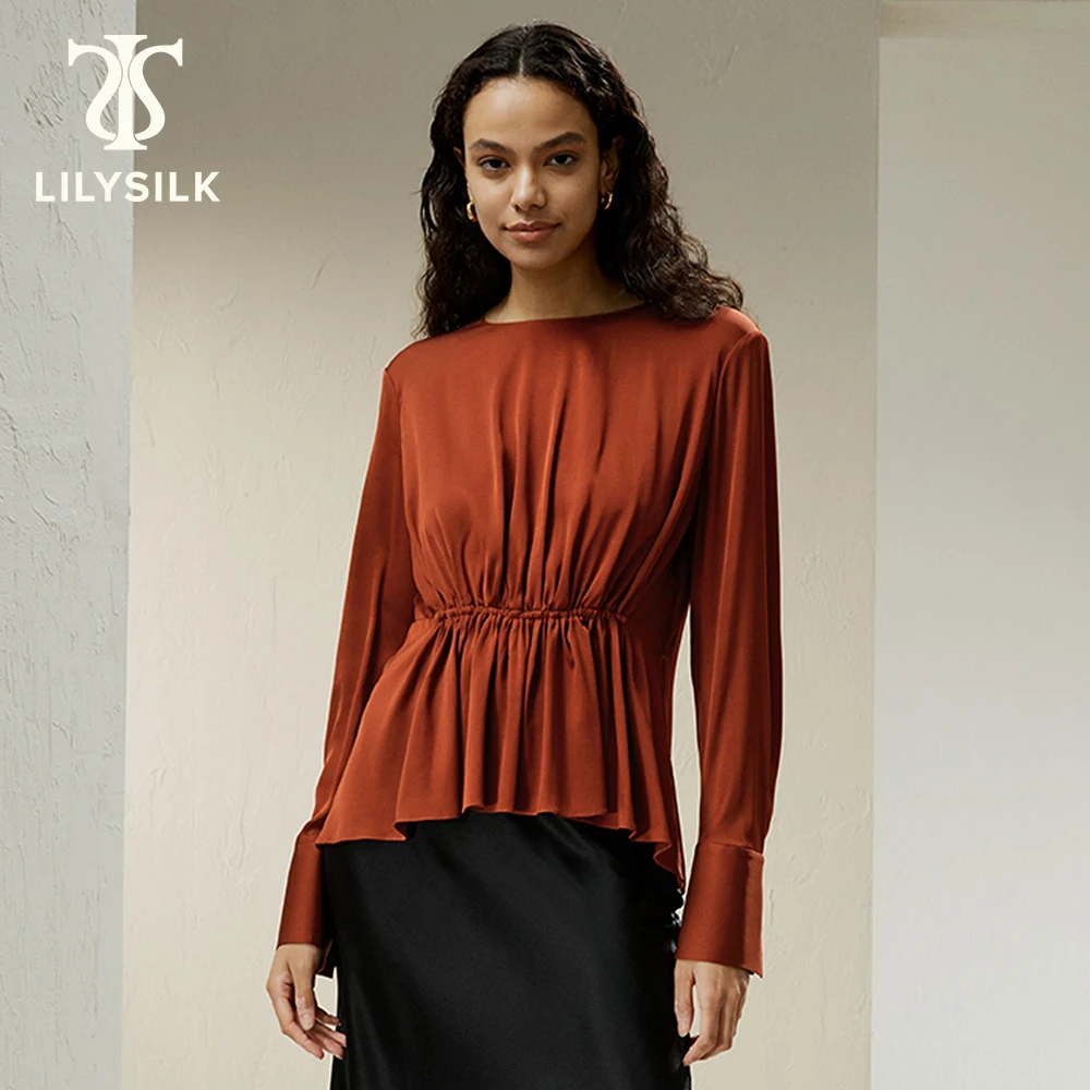 LILYSILK Silk Blouse for Women 2023 Fall New Elastic Waist Ruffled Bottom Boatneck Elegant Luxury Clothing Free Shipping