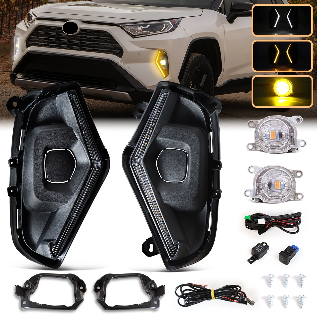 LED Fog Lamp DRL For Toyota RAV4 2019-2025 Daytime Running Light Amber Turn Signal Fog Lamp Start-up Animation Car Accessories