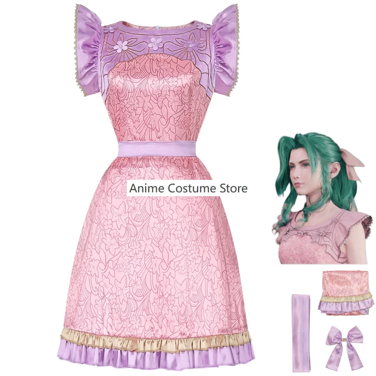 

Anime Game Final Fantasy VII Remake Aerith Gainsborough Cosplay Costume Pink Sleeveless Dress Woman Modify Lovely Christmas Suit