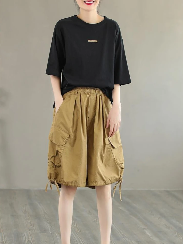 

Retro Cotton Workwear Drawstring Shorts for Women Summer Lightweight Casual Loose Mid Length Slimming Flared Pants