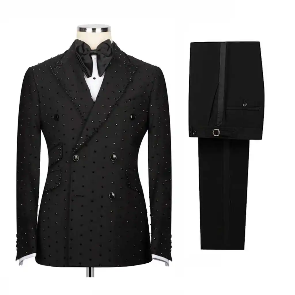 Formal Beaded Men Wedding Tuxedos Peaked Lapel Double Breasted Blazers Sets Prom Male Party Customized 2 Pieces Wear