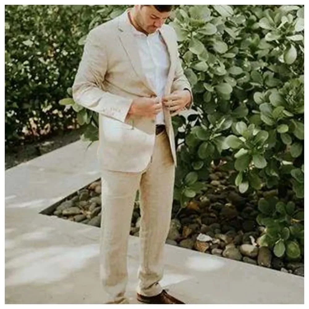 

Men's Suits Beige Linen Blazer Pants for Men Jacket Italian Designer Party Wedding Slim Fit Homme 2PCS Clothing
