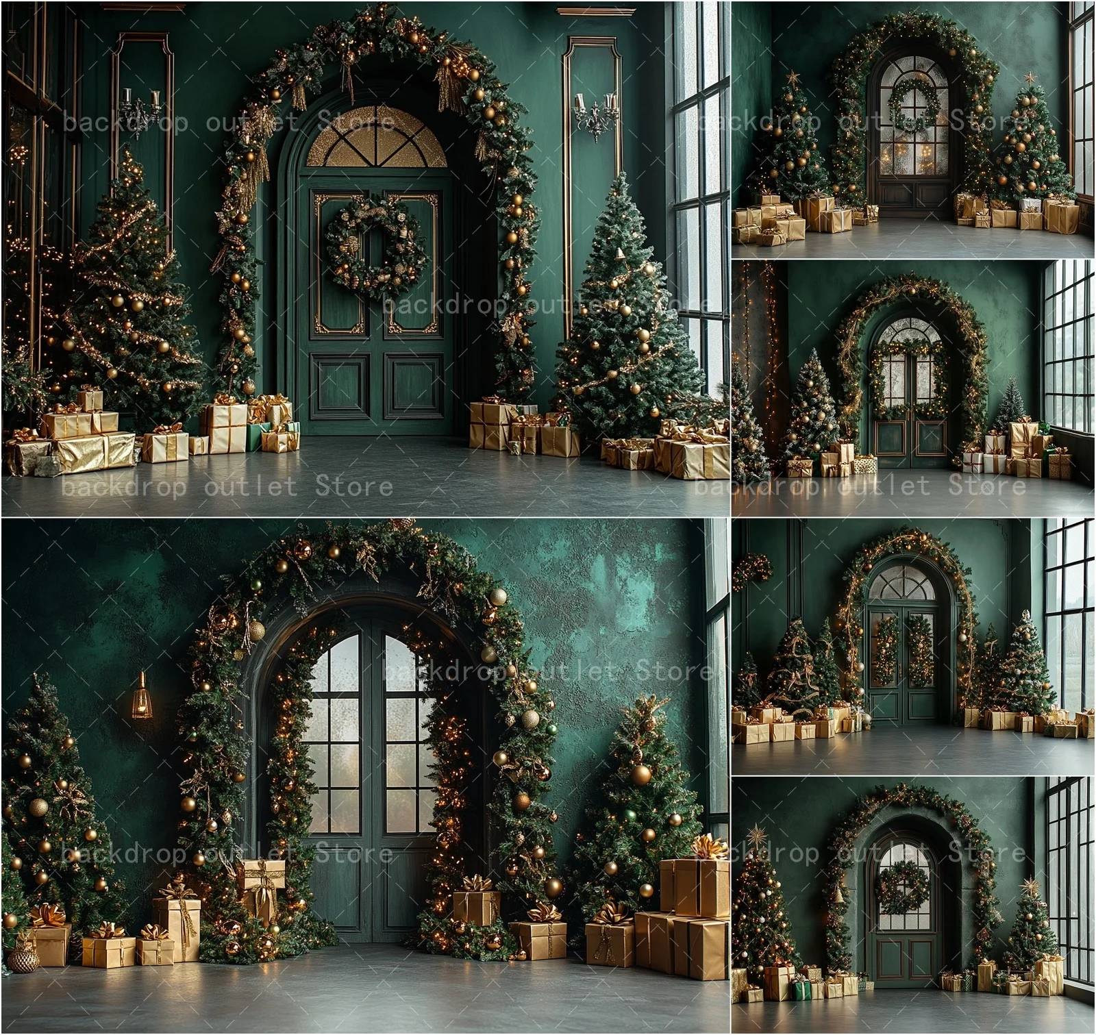 Mehofond عيد الميلاد التصوير خلفية خمر نافذة الباب الأخضر شجرة عيد الميلاد الاطفال الأسرة صورة خلفية ديكور #2