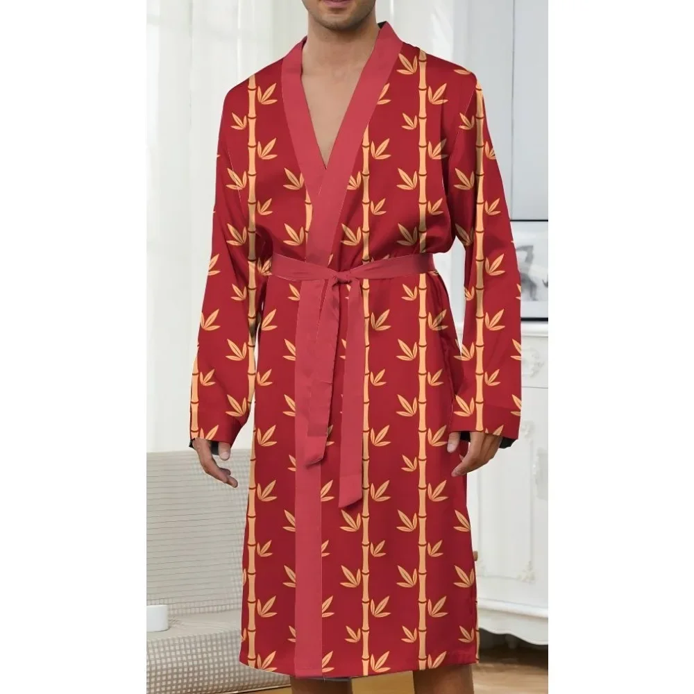 

Men Robes Autumn 3D printed red bamboo pattern bathrobe Long nightgown comfort features quick drying all seasons nightie for men