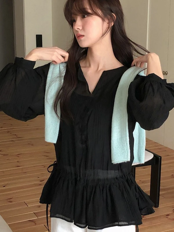 Chic Sweet Style Long Sleeve Drawstring Waist Shirt Women's New 2026 Fairy-Like Top Loose Fit Casual Wear Button Closure