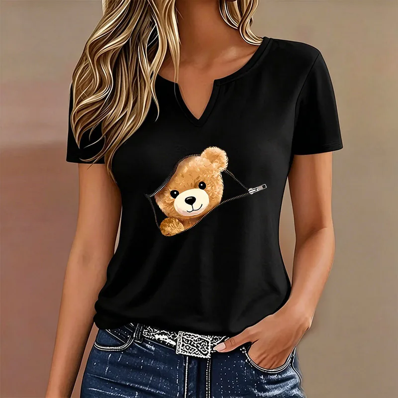 Comfortable T-shirt V Neck Casual Fashion Y2k Bear Printed T Shirts Women Short Sleeve Tee Shirt V-Neck Summer Spring