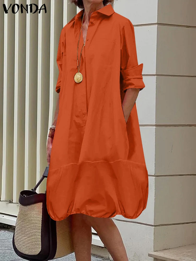 

VONDA Women Elegant Dress Casual Turn-down Collar Mid-Calf Sundress 2025 Solid Color Vestidos Oversized Bohemian Robe Femme