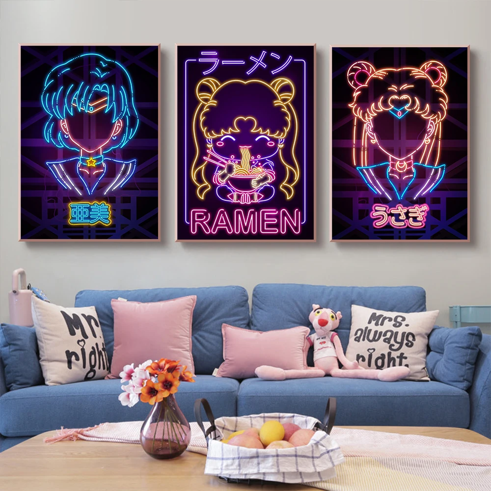 A2 A3 A4 Japońskie Anime Neonowy Plakat Kreskówkowa Dziewczyna Kot Grafika na Płótnie Grafika z Postaciami z Gier Dekoracja Ścienna Pokój Dziewczynki Wystrój Domu