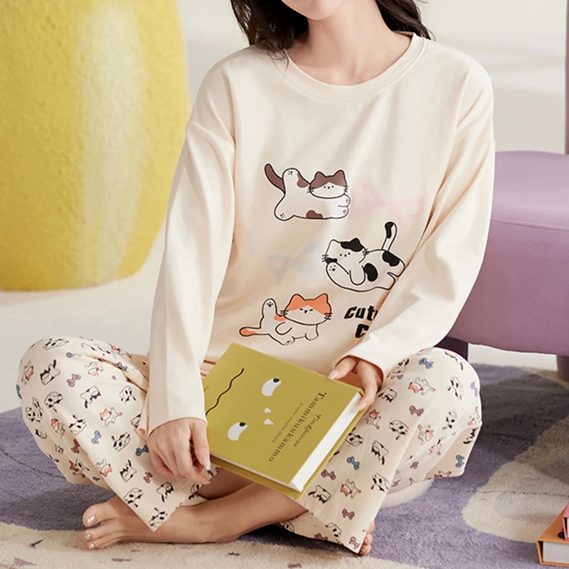 Cute Cat Pajamas Set Women Autumn Winter Long Sleeves Long Pants Sleepwear Soft Pijamas Cozy Pyjamas Kawaii Nightshirt Girls Pjs