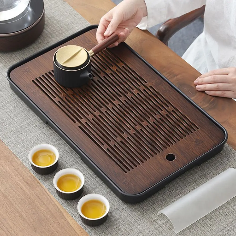 

Dual Purpose Bamboo Tea Tray with Drain Water Storage Rectangle Filter Tea Serving Tray Vintage Quick Drainage