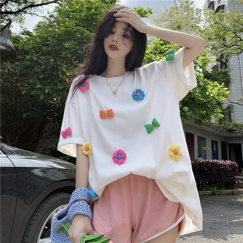 Women Short Sleeve T-shirts Sweet Girls Summer Loose 3D Flower Lovely Trendy Tops Students Soft Ulzzang Tees Females 2023 Newest