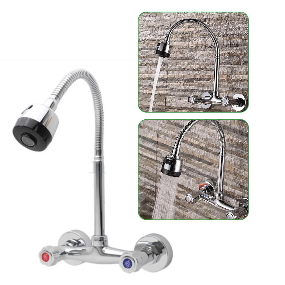 Wall Tap, Wall Mounted Kitchen Bathroom Tap, 360° Swivel Spout Basin, Two-Handle Mixer Wall Fitting, Wall Sink