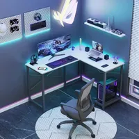 Modern White Wood Corner Gaming Table L-Shaped Computer Desk with Side Storage Bag for Home Office Small Space