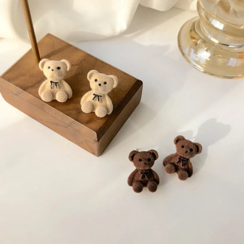 1pair Drop Earrings Minar bear Pluffy Plush Cartoon Bear Earrings For Women Girl Beige Brown Color Hairy Animal Winter Jewelry