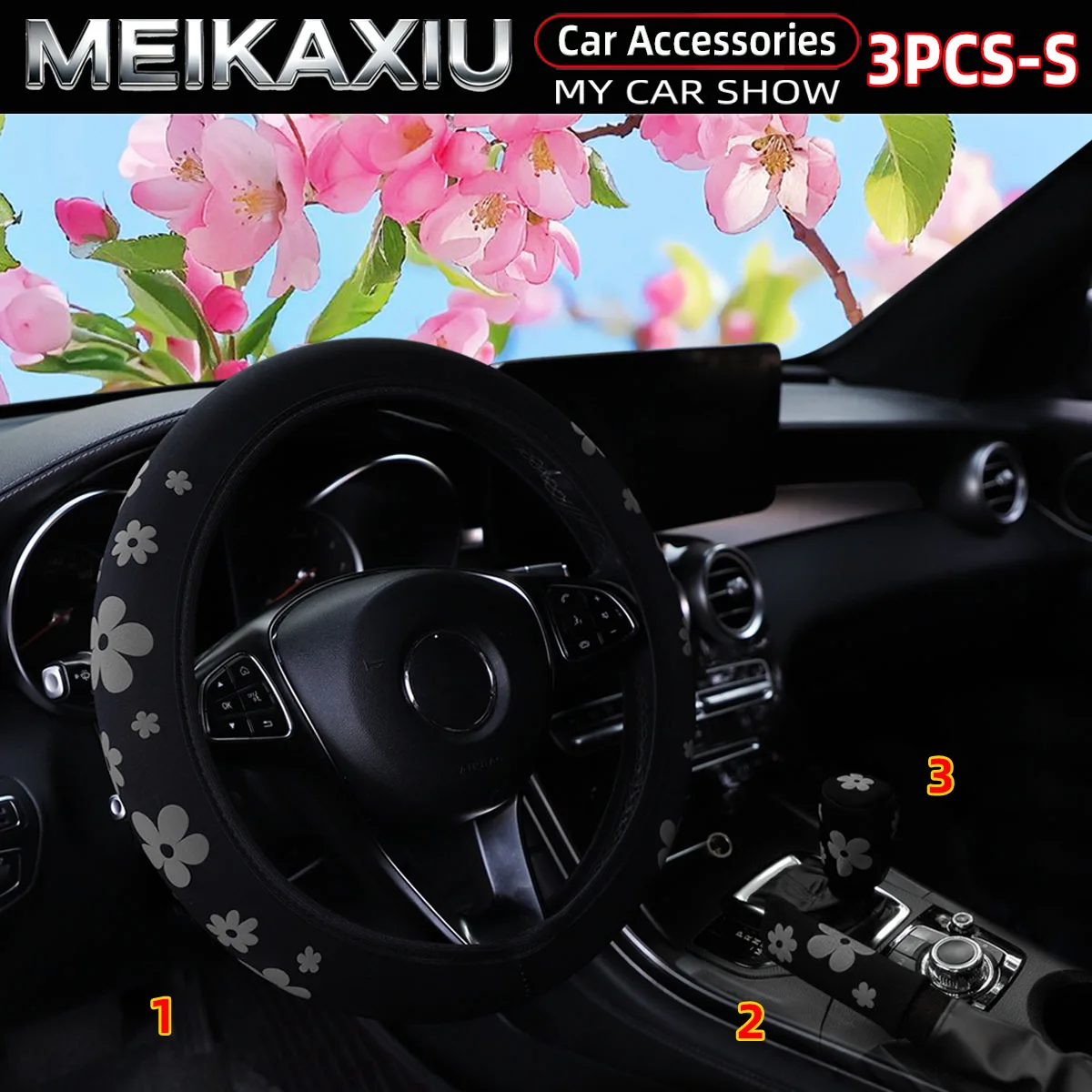 3-teiliges Set Schaumstoffblumen 3D Stoff Auto Lenkradbezug Handbremsenbezug Schalthebelbezug Auto-Zubehör für Frauen – Detail 8