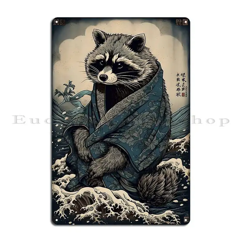Raccoon And Waves Traditional Japanese Ukiyoe Painting Metal Signs Club Living Room Personalized Cinema Rusty Tin Sign Poster