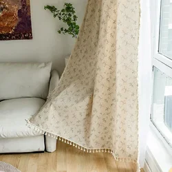 Floral Farmhouse Curtains Semi-Blackout Living Room Drapes Cotton Linen Bohemian Window Curtain 1 Panels Tassel Beige Rod Pocket
