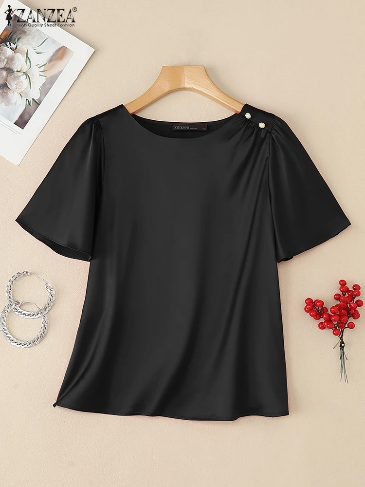 

2025 ZANZEA Summer Women Tops Stylish Solid Shirt Elegant Short Sleeve Office Satin Blouses O Neck Tunic Female Work OL Blusas