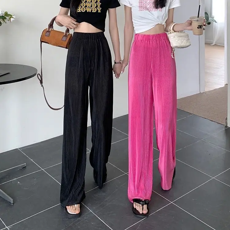 

Ice Silk Cool Straight Leg Pants Women's High Waist Dropping Pleated Style Wide Leg Pants Relaxed Casual Floor Dragging Pants