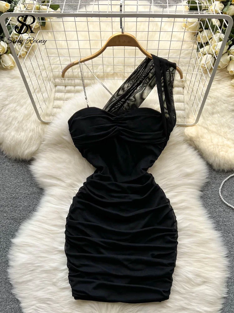 SINGREINY Mesh Irregular Women Summer Dress 2022 Halter Elegant Sexy Slim Temperament Vacation Ladies A Line Mini Dresses