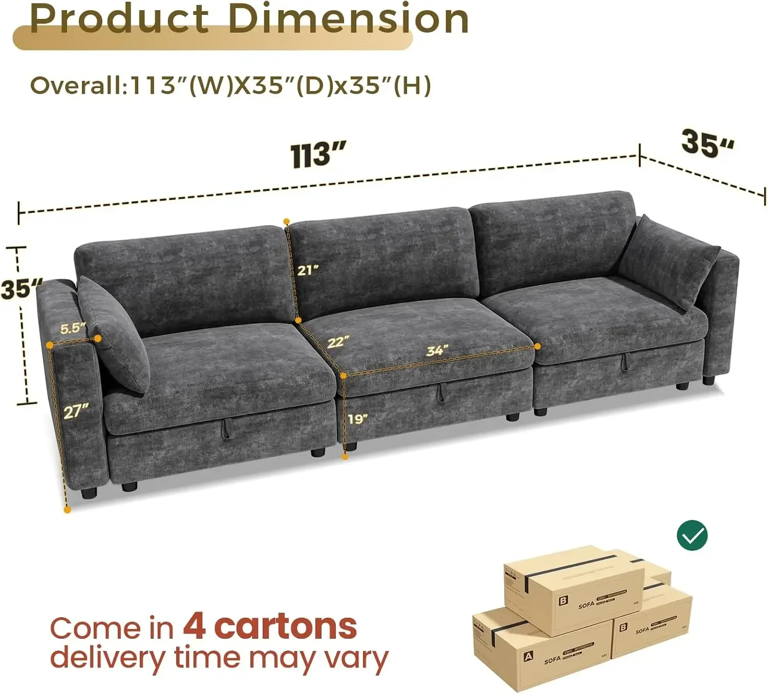 Grey Chenille Adjustable Backrest Modular Sectional Sofa Three Seat Living Room Couch