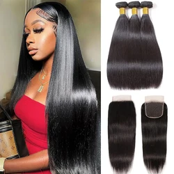 Bone Straight Human Hair Bundles With 13x4 HD Lace Frontal With Extensions Brazilian Raw Hair 3 Bundles With Closure for Women