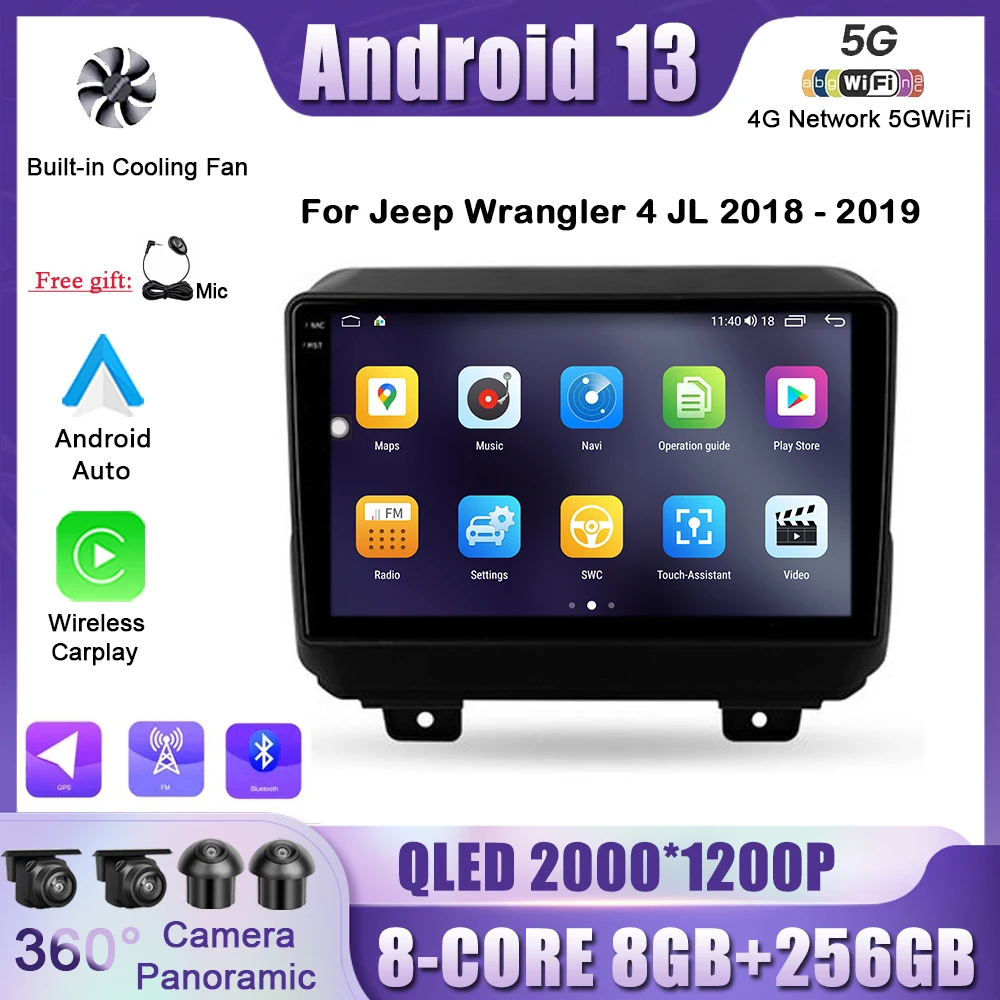 

For Jeep Wrangler 4 JL 2018 - 2019 Android 13 Auto Carplay GPS Navigation Car Radio Multimedia Video Player DSP BT QLED 9inch