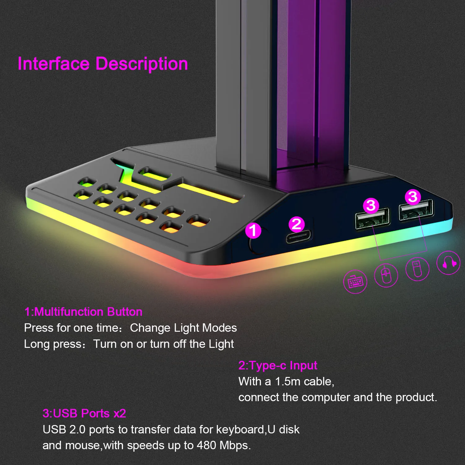 Caricatore per supporto per cuffie Luce notturna RGB multicolore Cuffie da gioco Supporto per auricolari Staffa per espositore per organizer da tavolo per PC