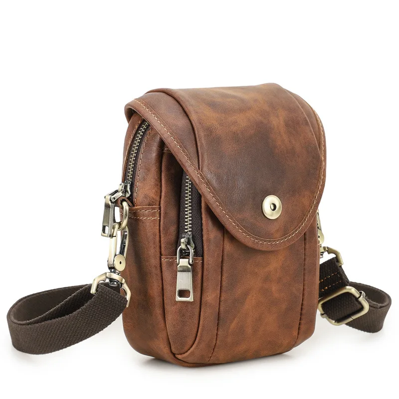 Retro Crazy Horse leather men's 7-inch mobile phone waist bag with belt, multi-functional genuine leather crossbody bag