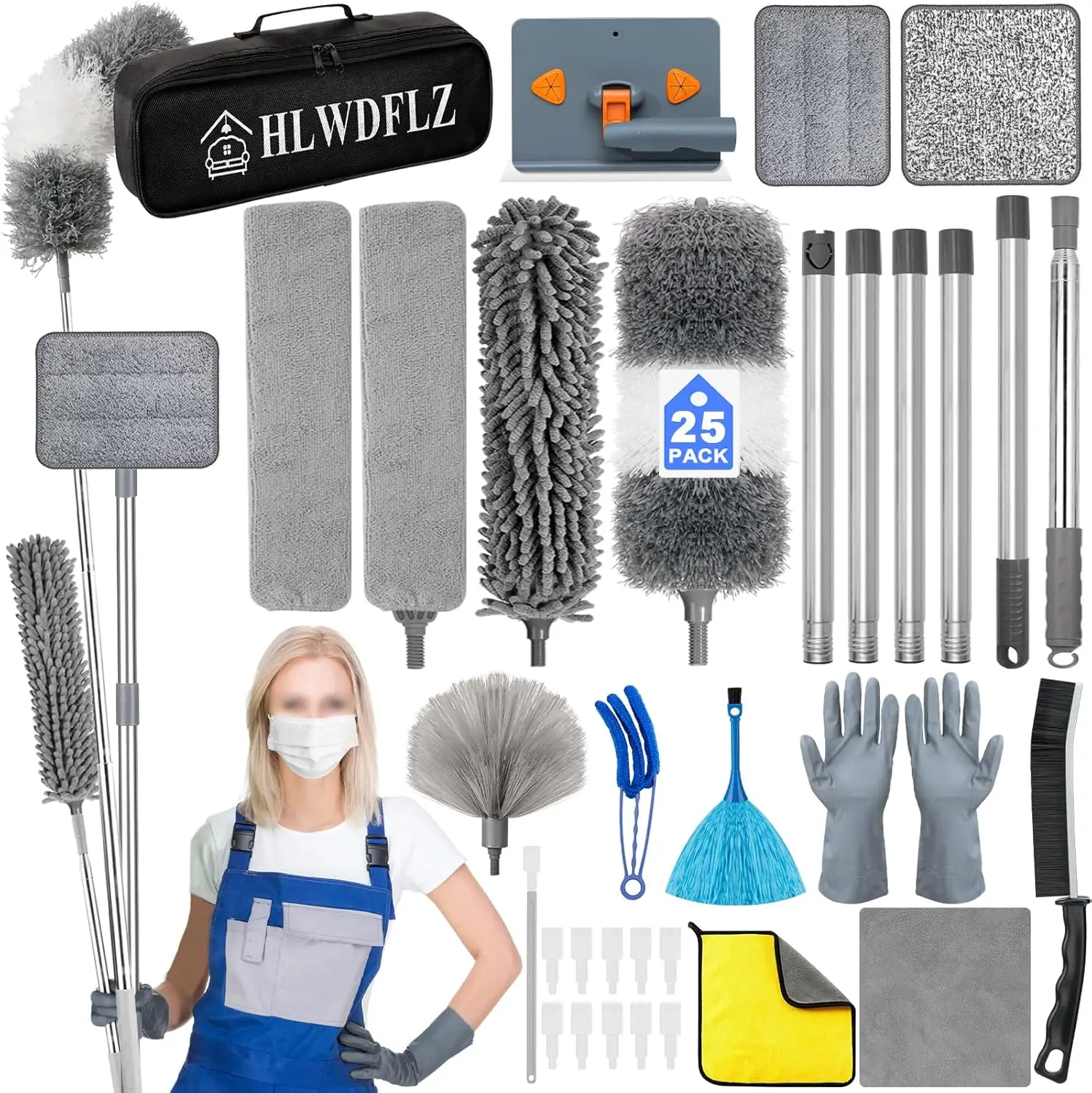 

Microfiber Duster Kit 25pcs with 30 to 100 Inches Extension Pole and Baseboard Cleaner Tool, Washable