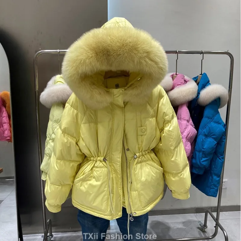 Korean New Winter Women White Duck Down Jacket Real Large Fox Fur Collar Coat Thick Warm Streetwear Female Parka Snow Outwear