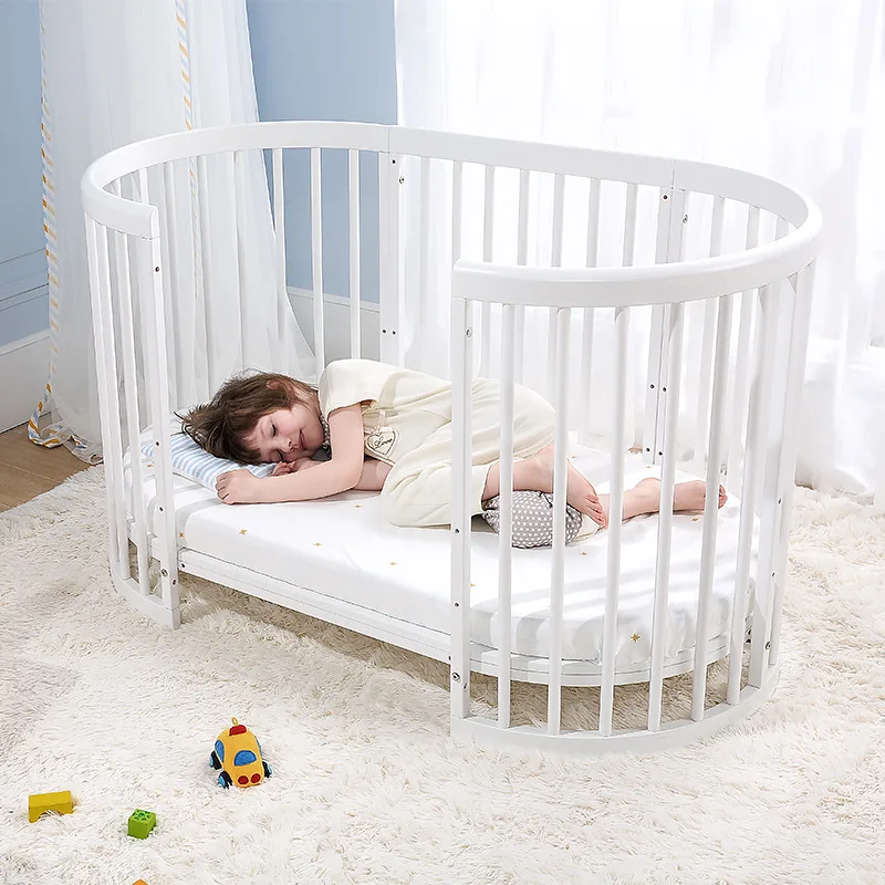 Oval Shaped Baby Crib Multifunctional Pine Children's Bed European White Newborn Baby Movable Splicing Large Bed image 4