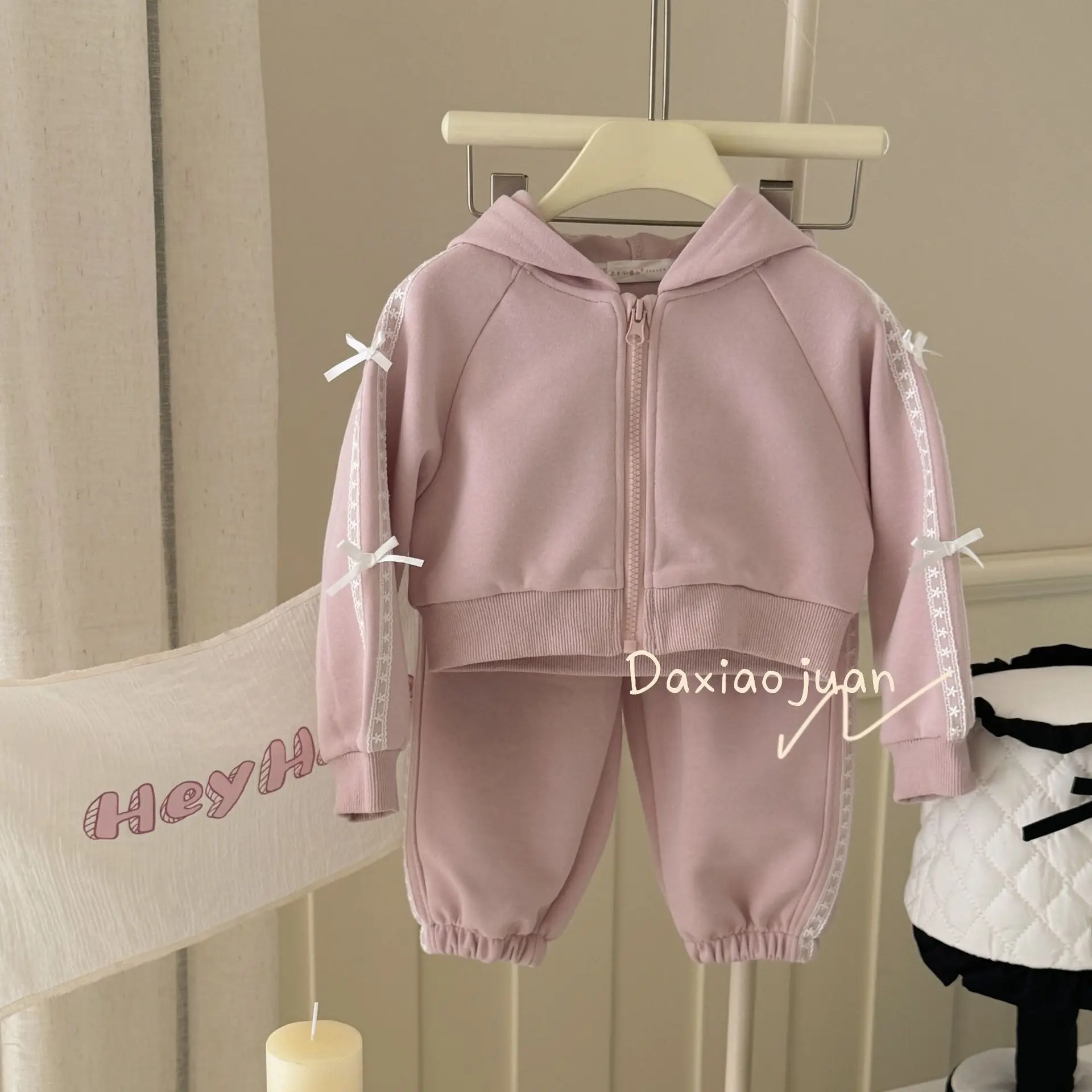 Childrens Sets New Spring Autumn New Bow Powder Sweet Sweater Two Pieces 2024 Pink Simple Loose Fashion Lovely New