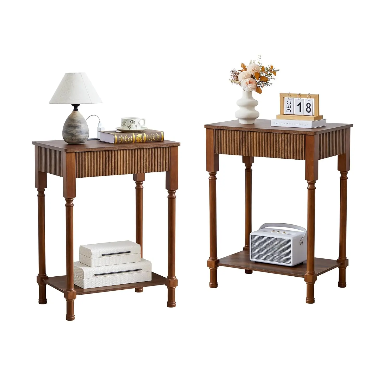 23.6" End Table Charging Station Set 2 Fluted Drawer Wood Nightstand Bedroom Living Room Home Office Walnut, Customized