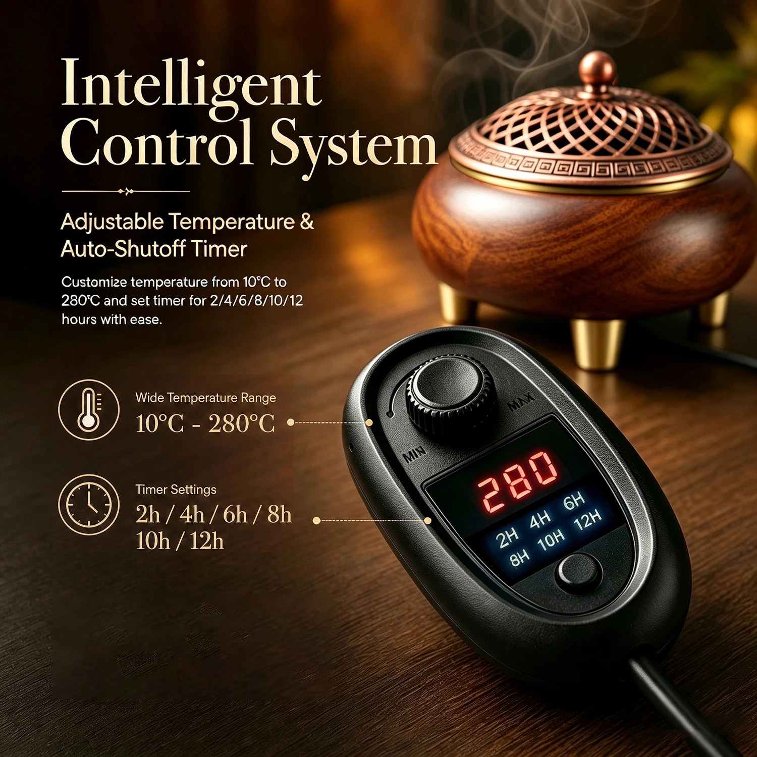 Wooden Electric Incense Burner Adjustable Temp and Timer Bakhoor Burner for Frankincense Resin, Incense Powder, Essential Oils