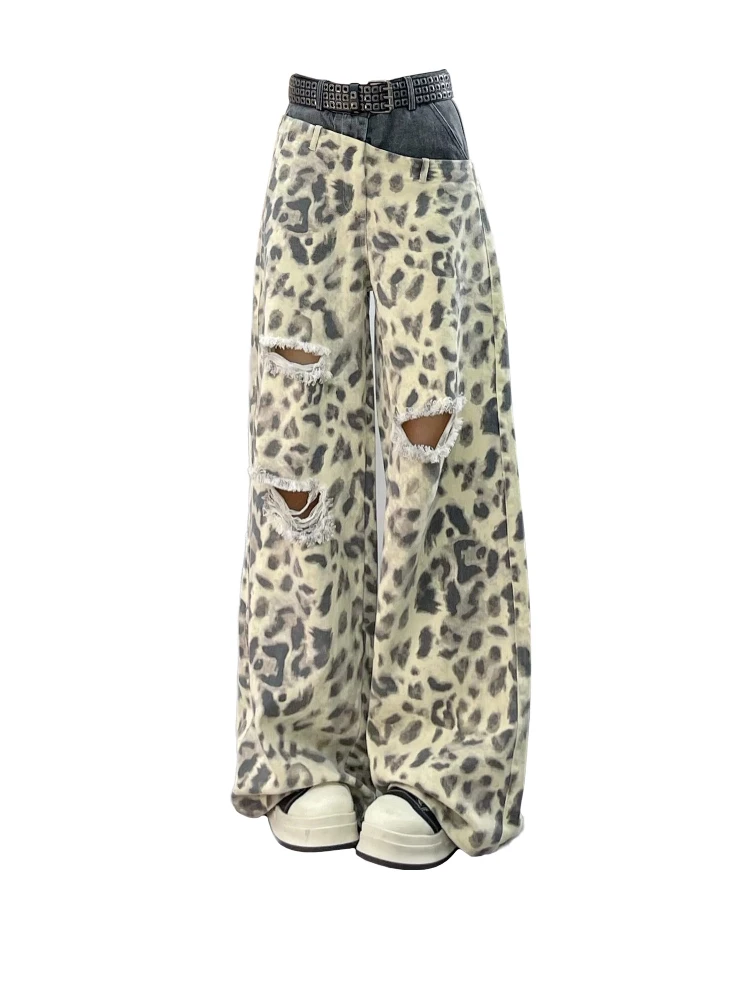 

Vintage Ripped Leopard Print Distressed Jeans Y2K Damage Wide Leg Trashy Pants Women's Retro Baggy Loose Fit Denim Trouser