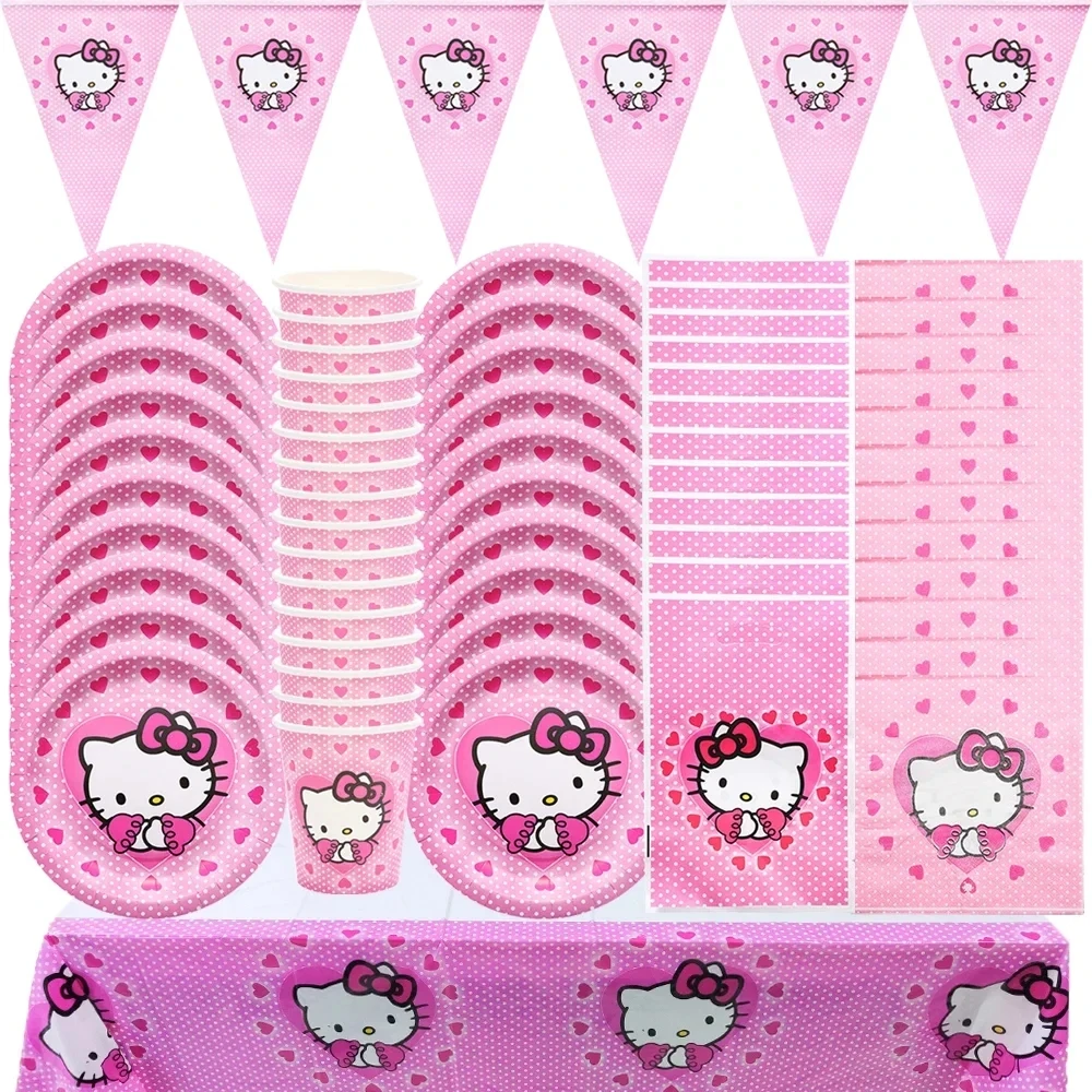 Kit de fête d'anniversaire Hello Kitty, vaisselle, nappe, tasse, assiette, ensemble de décoration d'anniversaire, fournitures pour cadeaux de fête prénatale pour filles