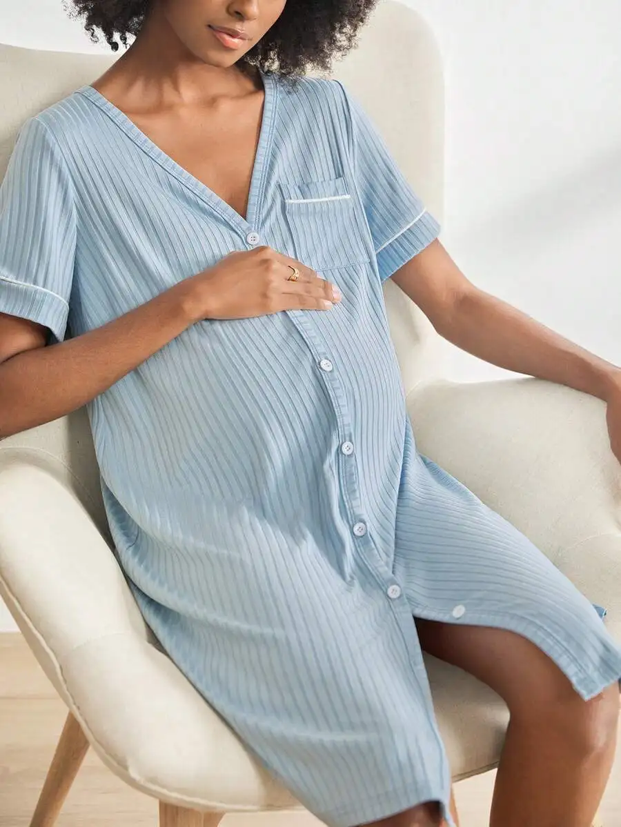 Pink Ribbed Short Sleeve Maternity Nursing Nightgown with Front Buttons