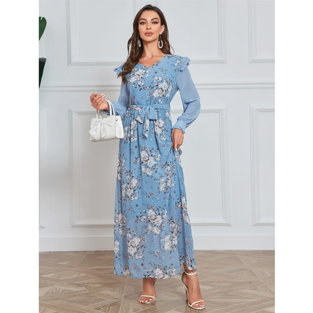 

Saudi Arabic Robe Femme Musulman Floral Print Abaya Dubai Turkey Caftan Muslim Women Long Sleeve Party Dress Kaftan Gown Caftan