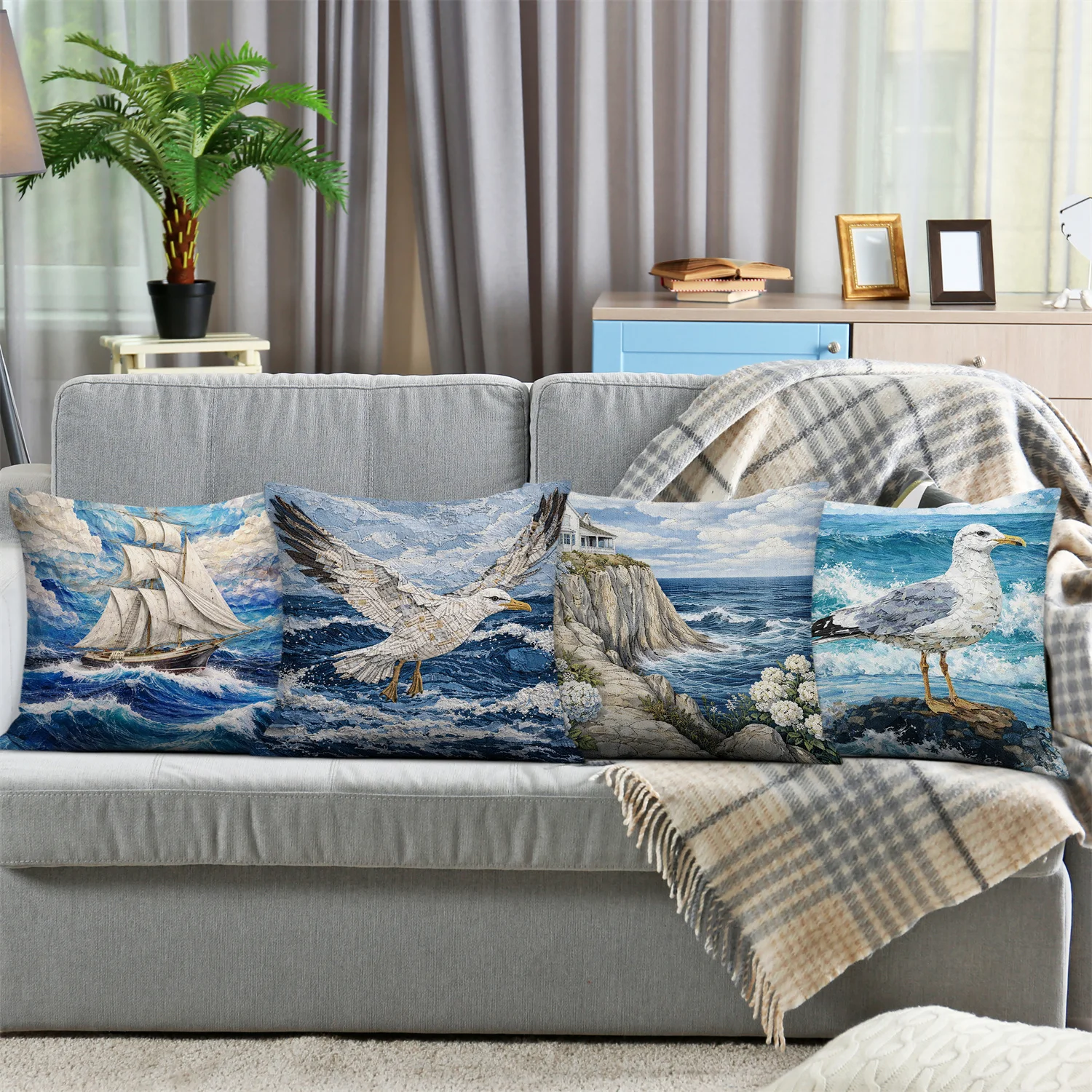 Sailing Theme with Seaside Scenery printing pillow cover Short plush Suitable living rooms bedrooms sofas throw cushion cover