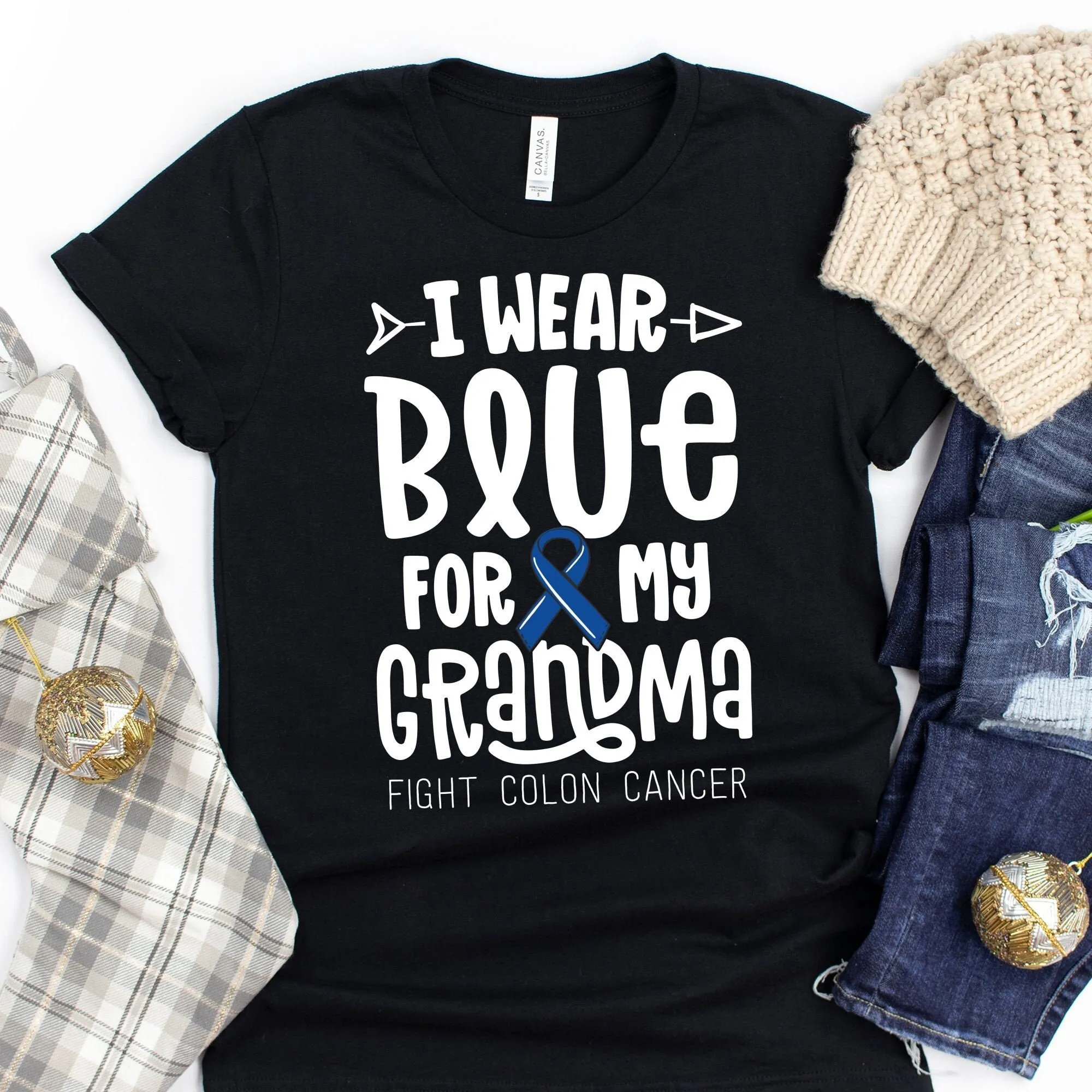 I Wear Blue For My Grandma T Shirt Colon Cancer Dark Ribbon Fight