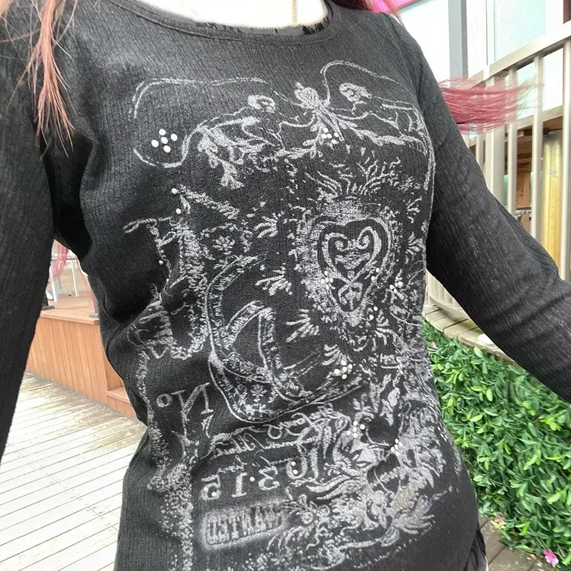 

2000s Graphic T Shirt Vintage Fairy Grunge Floral Wings Print Long Sleeve Tops y2k Women Clothes Basic Harajuku Tee