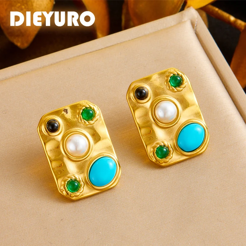 DIEYURO 316L Stainless Steel Square Pearl Turquoise Inlay Earrings Women Fashion New Ear Jewelry Lady Gift Party серьги женские