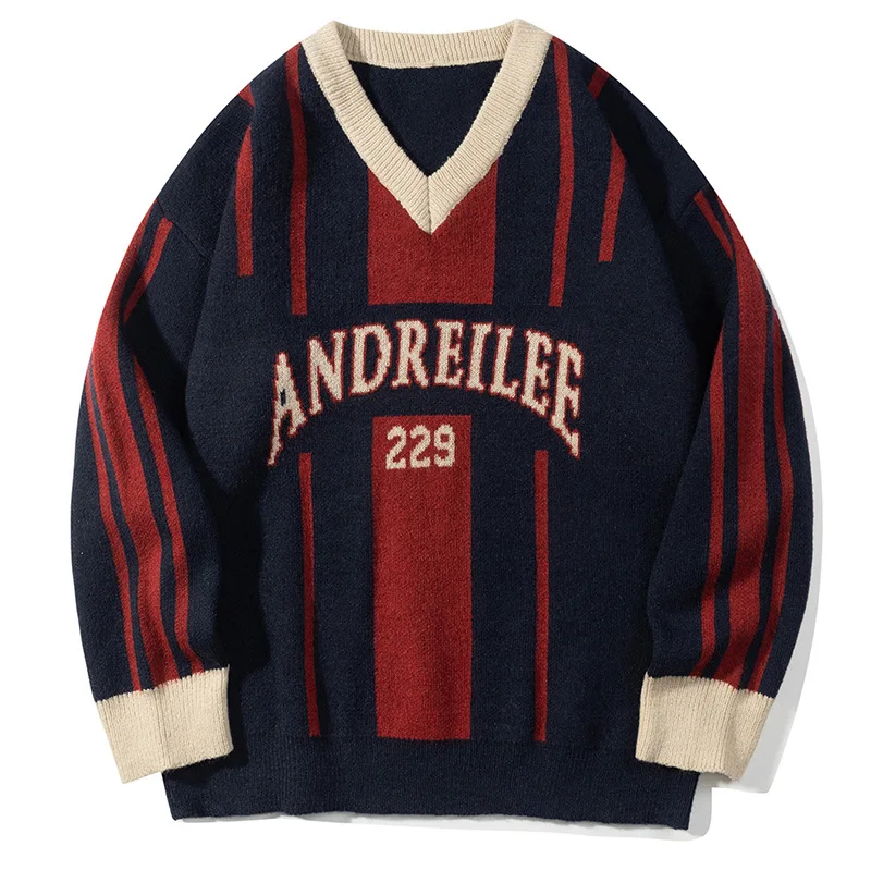 Retro deportes 2024 Otoño e Invierno suelto versátil pareja cuello pico tejido Navidad suéter universitario suéteres para hombres