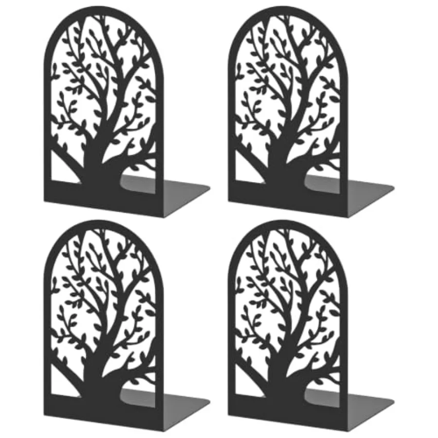 Tree Bookends 4 Pieces, Black Metal Bookends for Shelves, Unique Decorative Book Ends for Book Shelves, Book Stopper to Hold Bo