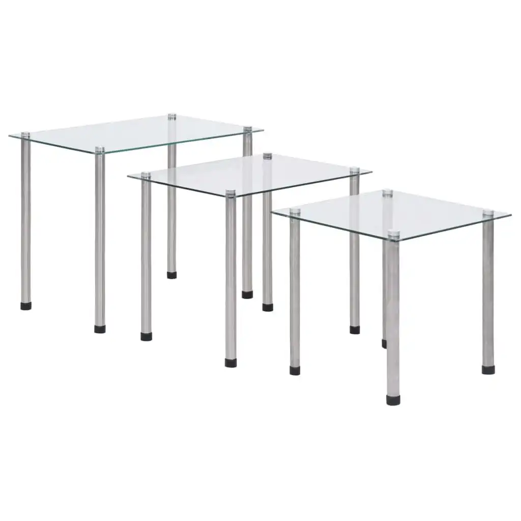 vidaXL Ensemble de 3 tables d'appoint gigognes en verre trempé transparent avec structure en acier inoxydable, plateau en verre de 5 mm, longueur 45,5/38,5/31,5 cm, tables d'appoint modernes pour salon