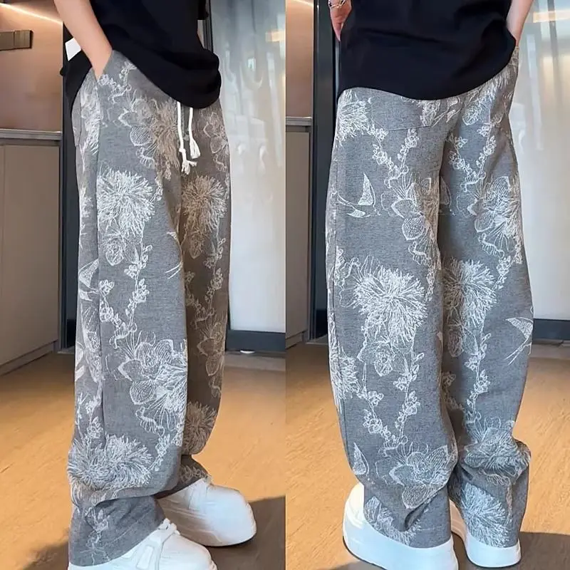 Весенне-осенние ретро новые цветочные персонализированные свободные прямые мужские модные брендовые повседневные брюки с широкими штанинами High Street