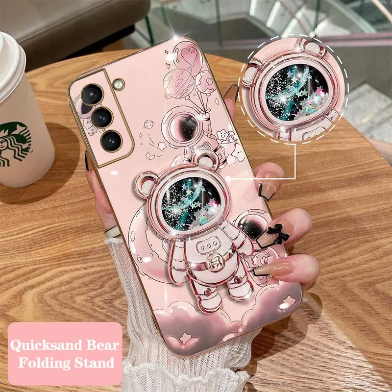 Quicksand Astronaut Plating Phone Holder Case For Samsung Galaxy S21 S21 FE S21 Plus S21 Ultra S22 S22 Ultra S23 S10 Plus Cover